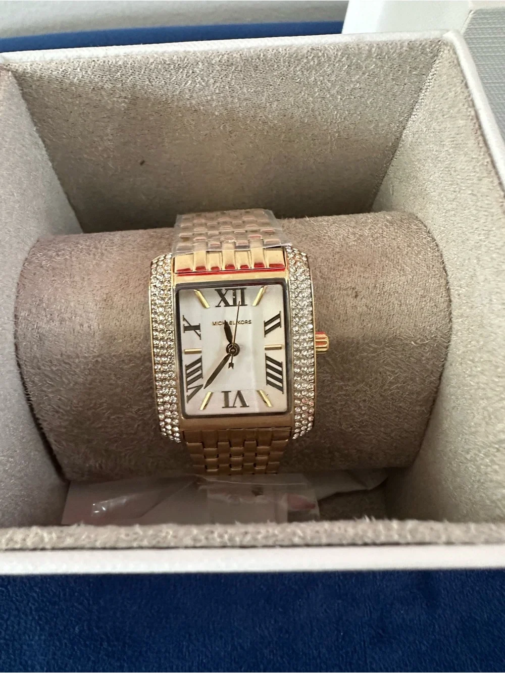 Michael Kors Petite Emery Gold-Tone Crystal Pavé Rectangular Watch NWT